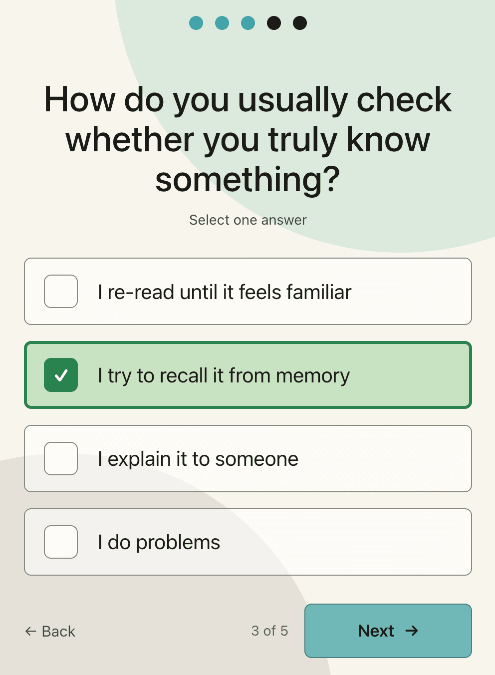 Calibrate onboarding question with the Active Recall answer selected
