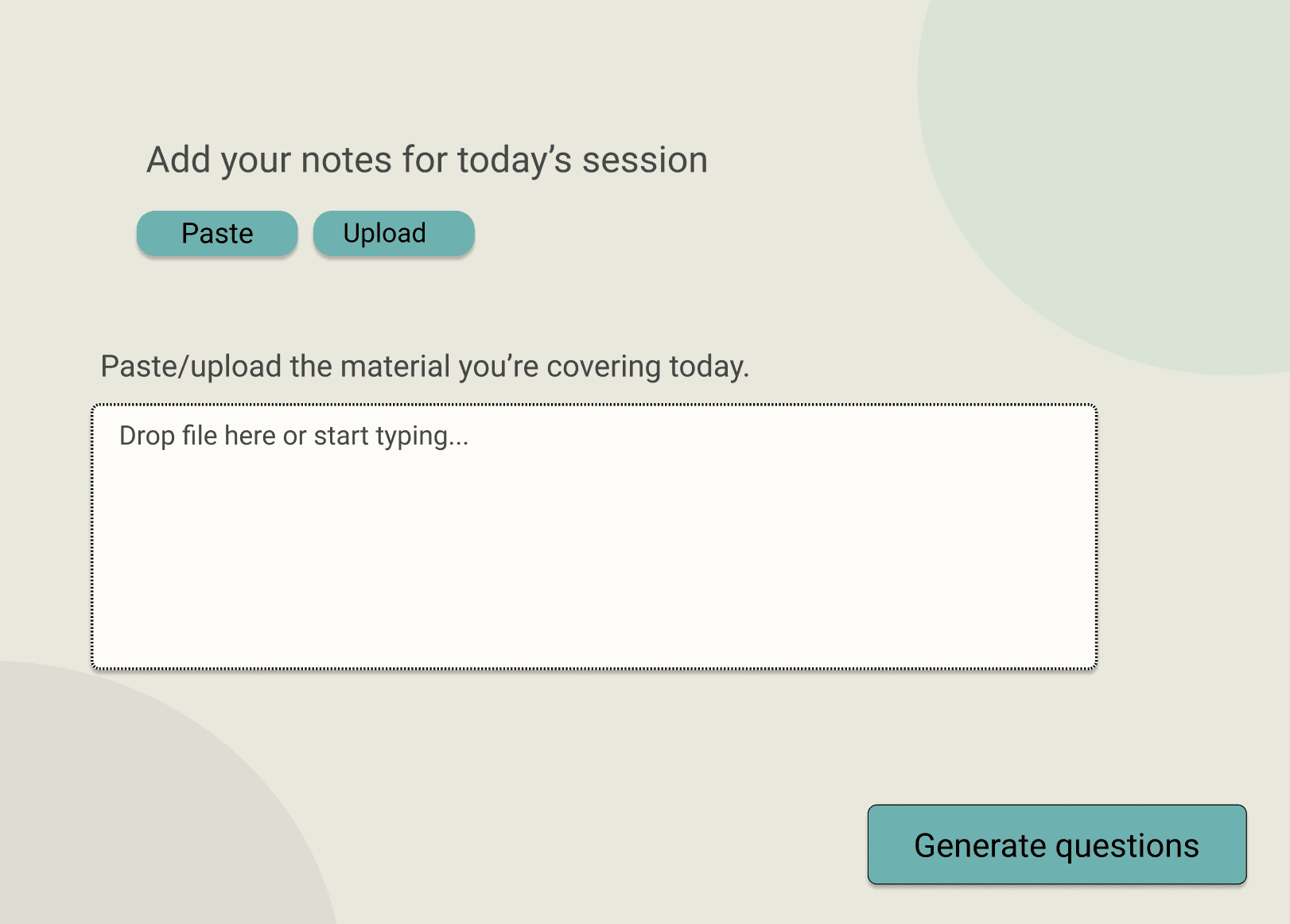 Calibrate material screen for pasting notes or uploading a file