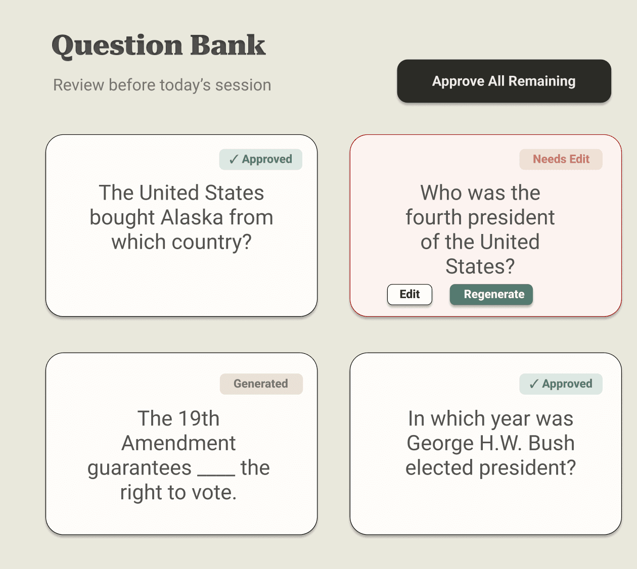 Calibrate Question Bank showing generated, approved, and needs-edit questions