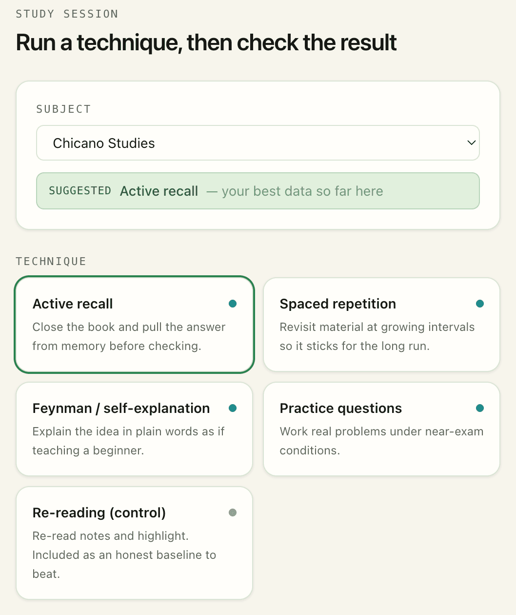 Calibrate Study Session screen showing available study techniques